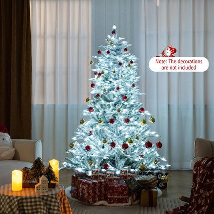 Dreamade 6/7/8 ft Pre-Lit Snow Flocked Christmas Tree, Artificial Hinged Xmas Tree with 661/1119/1447 PVC & PE Tips