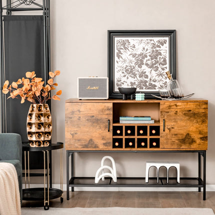 Dreamade Industrial Buffet Sideboard, Freestanding Kitchen Cupboard with Wine Rack (Rustic Brown & Black)
