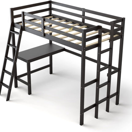 Dreamade Twin Size Loft Bed with Desk, Solid Wood Loft Bed with 2 Ladders & Full Length Guardrail