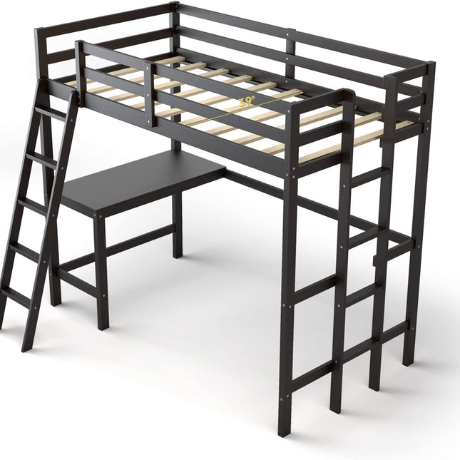Dreamade Twin Size Loft Bed with Desk, Solid Wood Loft Bed with 2 Ladders & Full Length Guardrail