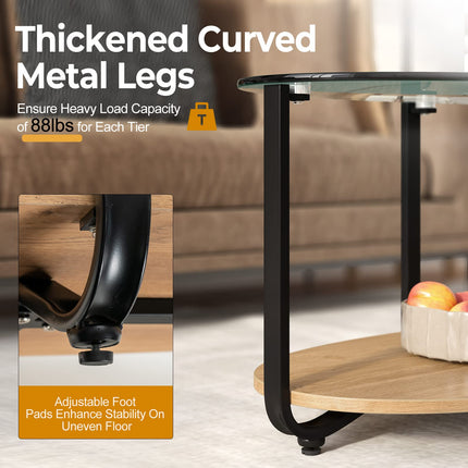 DREAMADE 2 Tier Glass Coffee Table, Oval Modern Home Furniture w/Open Storage Shelf & Sturdy Metal Legs