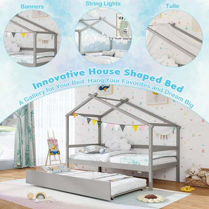 Dreamade Wood House Bed for Kids, Twin Bed Frame with Trundle Bed Twin
