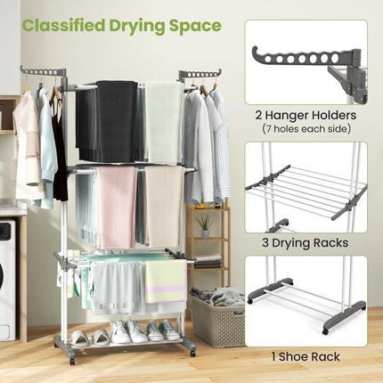 Dreamade Foldable Clothes Drying Rack, Oversized 4-Tier Collapsible Laundry Rack w/ 3 Retractable Trays