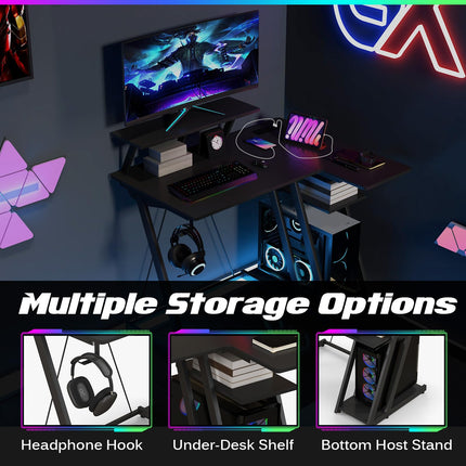 Dreamade L Shaped Gaming Desk with Outlets & USB Ports, Small Computer Desk with Monitor Shelf