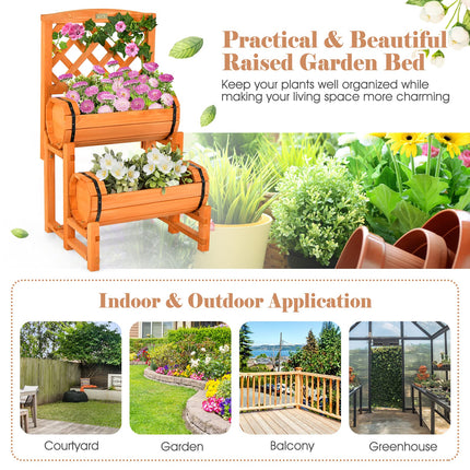 Dreamade Raised Garden Bed with 2 Barrel Planters & Trellis, 2-Tier Freestanding Wooden Raised Bed for Vegetable Flower Fruit