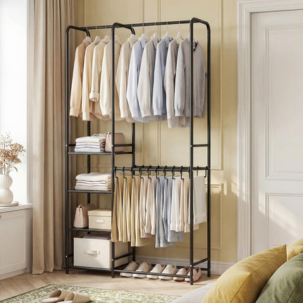 Dreamade Heavy-Duty Metal Clothing Rack with 2 Hanging Rods & 4 Storage Shelves