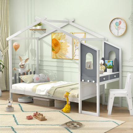 Dreamade Full/ Twin Size House Bed with Study Desk