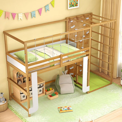 Dreamade Twin Bunk Bed with Jungle Gym Wooden Loft Bed with Climbing Ladder