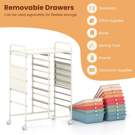 Dreamade 15 Drawer Storage Cart | Rolling Craft Cart with Metal Tabletop & Pegboard