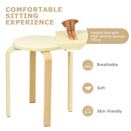 4-Pack Bentwood Stack Stools, 18.5-Inch Portable Stools with PU Leather Round Top, Non-Slip Foot Mats