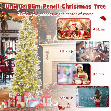 Dreamade 7.5 FT Pre-Lit Pencil Christmas Tree, Artificial Snow Flocked Hinged Fake Slim Xmas Tree with 350 Warm-White LED Lights