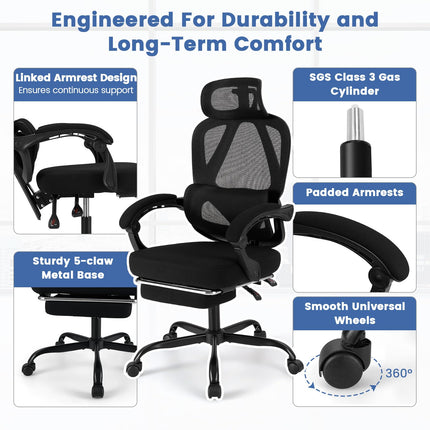 Dreamade Mesh Office Chair with Retractable Footrest 135° Tilting Backrest