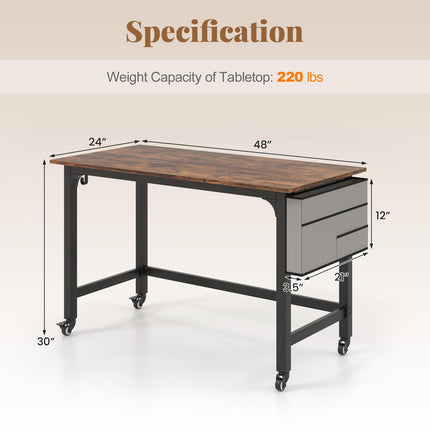 Dreamade 48" Rolling Computer Desk, Mobile Study Writing Desk with Wheels & Metal Frame, Simple Style Home Office Work Bench