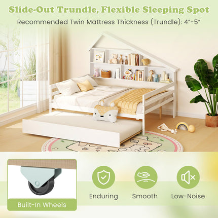 Dreamade Full House Bed with Twin Trundle, Wood Daybed with 5 Cube Storage Bookcase & Headboard