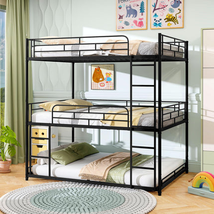 Dreamade Metal Full Over Full Over Full Bunkbeds with Safety Guardrails & 2 Ladders