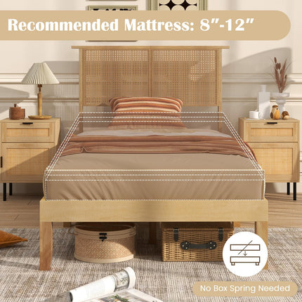Dreamade Queen/Full/Twin Size Bed Frames with Rattan Headboard, Boho Solid Wood Platform Bed with Wooden Slats