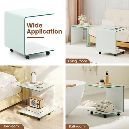 Dreamade C-Shaped End Table with Wheels - Mobile Tempered Glass Sofa Couch Side Table w/2-Tier Storage Shelf