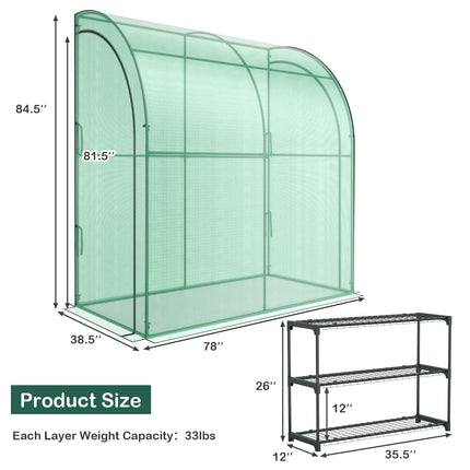 Dreamade Walk-in Lean-to Greenhouse - with 3-Tier Plant Stand, 7’x 3.5’x 7’ Green House, PE Grid Cover