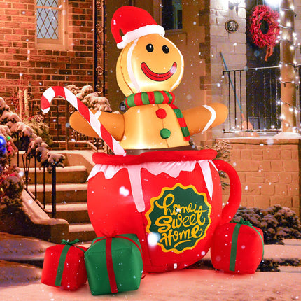 Dreamade 7 Ft Christmas Inflatable, Blow up Pre-Lit Gingerbread Man in Mug with Gift Boxes & Candy Cane