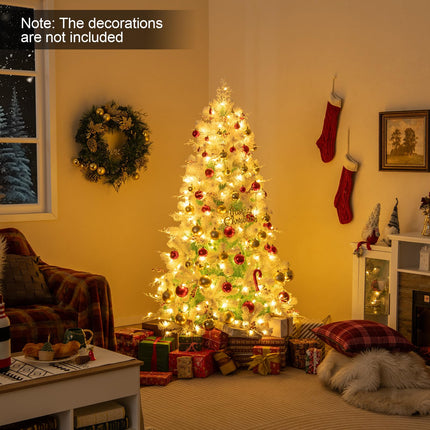 Dreamade 6FT / 7FT Hinged Lighted Xmas Tree with Snow Flocked Branch Tips & LED Lights
