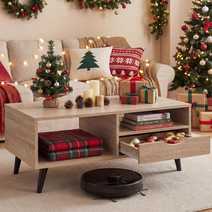 Dreamade Wood Coffee Table with Storage Drawer 36.5 Inch Rustic Center Table