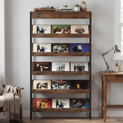 Dreamade 6-Tier Industrial Tall Bookcase with Angled Shelves and Metal Frame