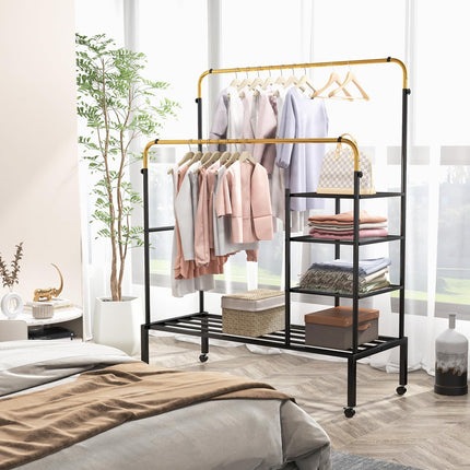 Dreamade Double Rods Garment Rack with Wheels, Clothing Rack w/ 2 Hanging Height Adjustable Rods, Side Mesh Racks