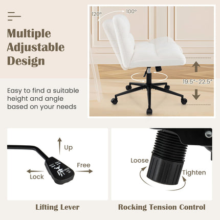 Dreamade Criss Cross Chair with Wheels, Faux Fur Cross Legged Office Chair, Armless Wide Desk Chair