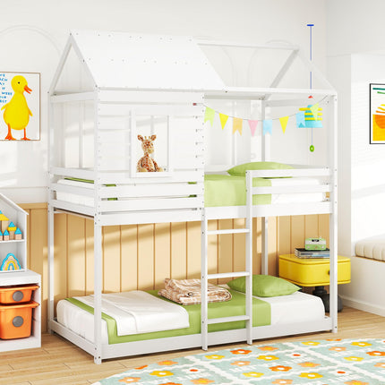 Dreamade White Wood Bunk Bed Twin Over Twin with Ladder and Guardrail