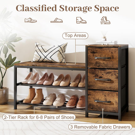 Dreamade 3-Tier Industrial Shoe Storage Bench with 3 Removable Fabric Drawers