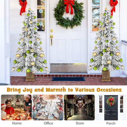 Dreamade 6ft Snow Flocked Christmas Tree for Entrances, Hinged Artificial Potted Xmas Tree with 48 Ball Ornaments