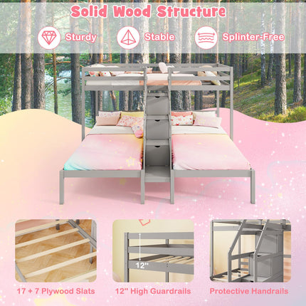 Dreamade Twin Over Twin & Twin Bunk Bed Triple Bunk Beds with 4-Step Storage Stair