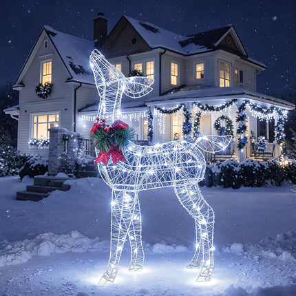 Dreamade Christmas Pre-Lit Reindeer | 50 Cold White LED Lights & Red Bow Stakes & Zip Ties Included
