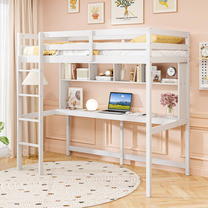 Dreamade Solid Wood Twin Loft Bed with Desk and Bookcase
