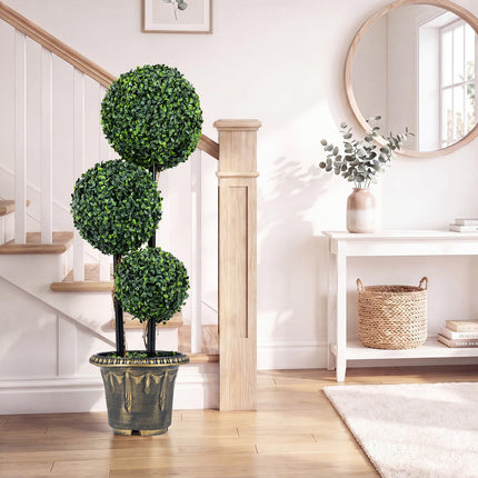 Dreamade 3 FT Artificial Boxwood Topiary Tree Sun-Protective Triple Ball Fake Plants Shrubs (1/2 Pack)