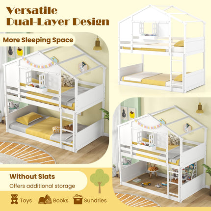 Dreamade Bunk Bed Twin Over Twin, Wood House Bed for Kids with Roof, Window Door, White