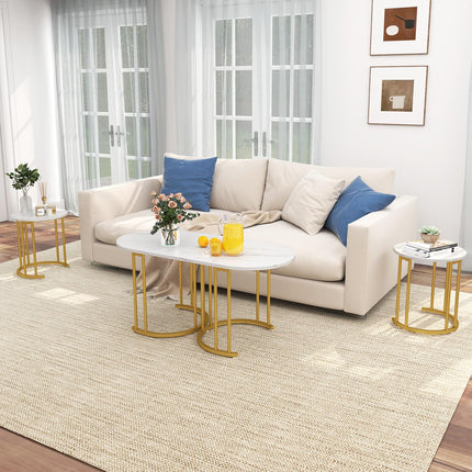 Dreamade Nesting Coffee Table Set of 3, Stacking Side Tables with Faux Marble Tabletop & Gold Metal Frame