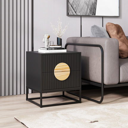 Dreamade Fluted Nightstand with 2 Drawers with Natural Circle Handle & Metal Frame