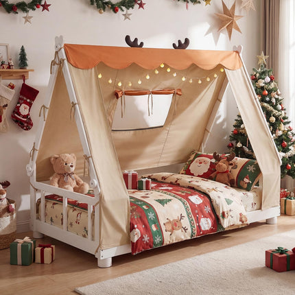 Dreamade Twin Size House Floor Wood Bed with Tent