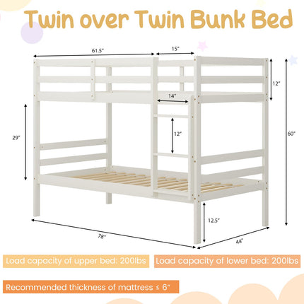Dreamade Bunk Bed Twin Over Twin White, Solid Wood Bunk Bed