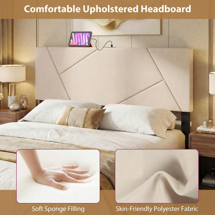Dreamade Geometric Upholstered Head Board with 2 AC Outlets for Queen and Full Size Bed