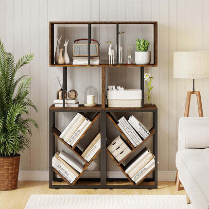 Dreamade 6-Tier Bookshelf | Industrial S-Shaped Geometric Bookcase with Open Display Shelves