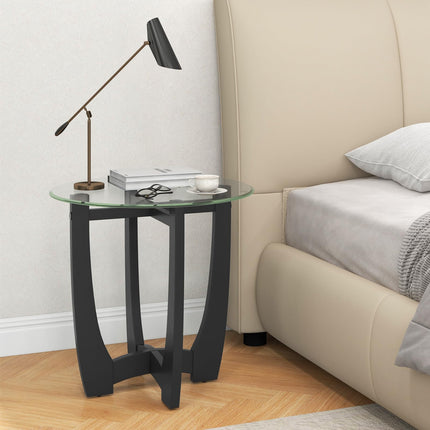 Dreamade Glass End Table, Round Side Table with Rubber Wood Frame & Tempered Glass Top, 23.5" Small Black Coffee Table