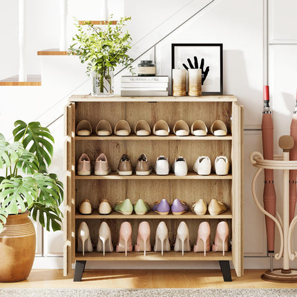 Dreamade 4-Tier Farmhouse Shoe Rack Cabinet with 2 Slatted Doors & Removable Shelves