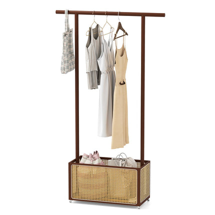 Dreamade Bamboo Clothes Rack 2-In-1 Clothing Hanging Rail for Hallway Living Room Bedroom