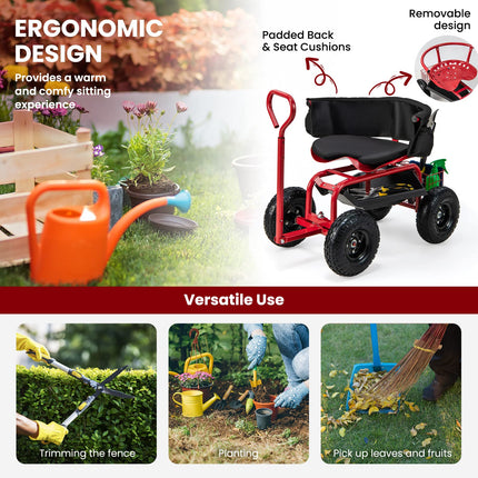 Dreamade Cushioned Rolling Garden Cart Scooter with Storage Basket and Tool Pouch