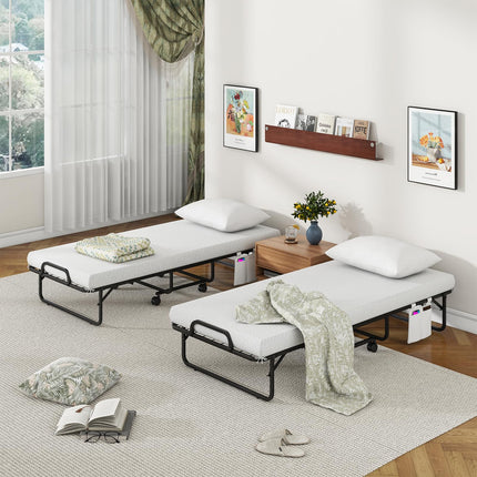 Dreamade Folding Bed with Mattress and Top Pillow, Cot Portable Guest Bed w/Metal Frame, 75" x 31"