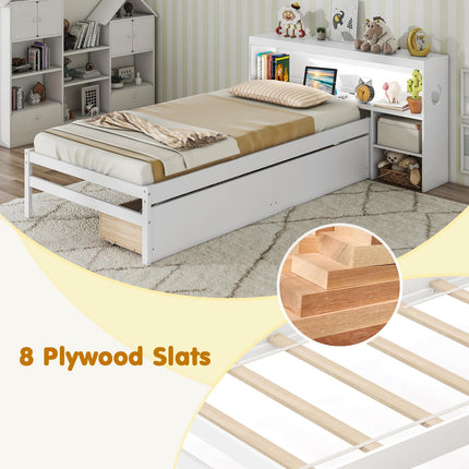 Dreamade Wood Twin Bed Frame with Storage Drawer & Headboard, Modern Platform Bed with Charging Station & LED Light