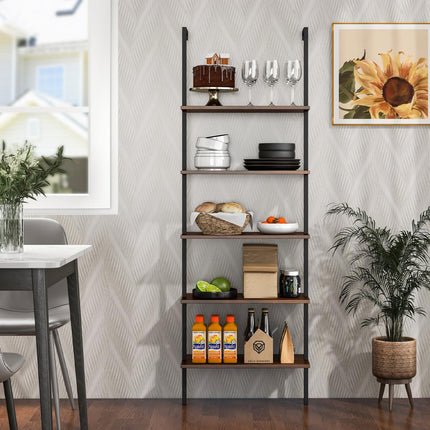 Dreamade 5 Tier Modern Wall Mounted Bookshelf, 71'' White and Gold Wood Bookcase with Steel Frame