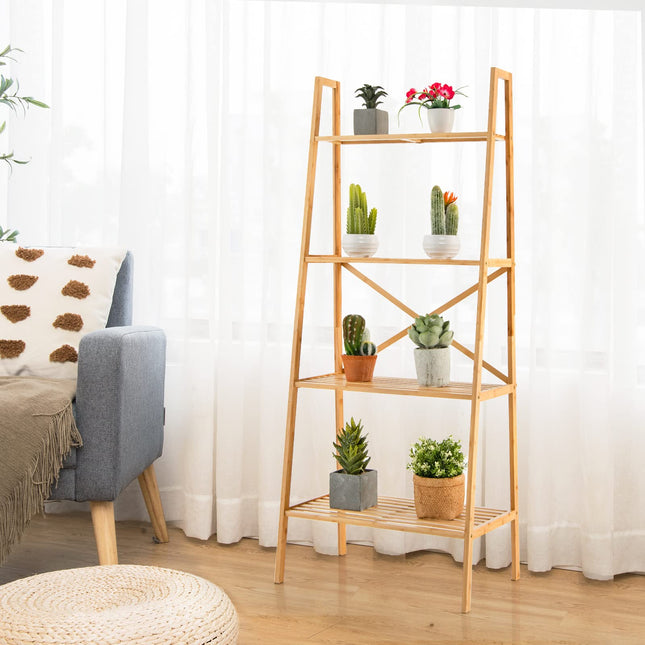 Dreamade 4-Tier Bamboo Bookshelf, Multifunctional Storage Display Rack Shelves with Anti-Tipping Device